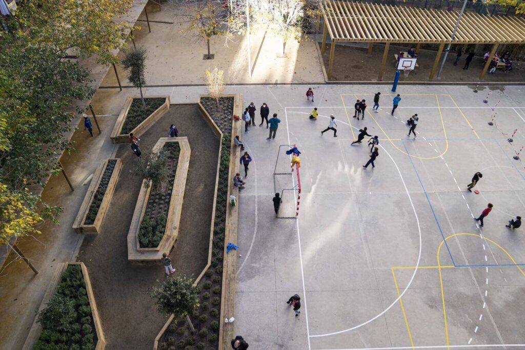 A birds eye view from a school yard with children playing football