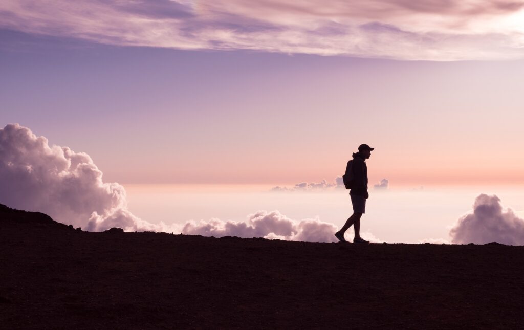 Person walking by themselves at dusk.