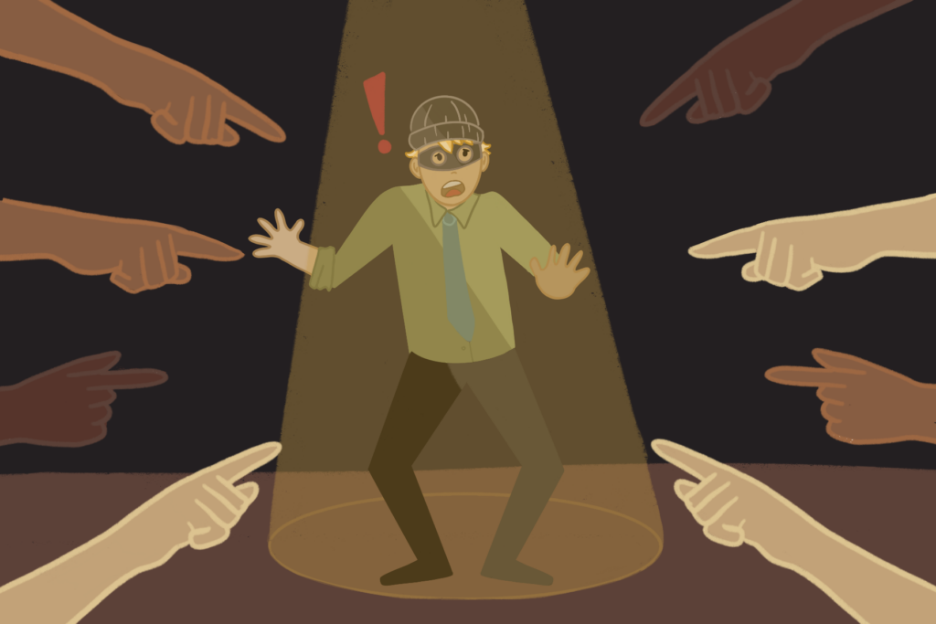 impostor syndrome Surprised man is being accused by multiple hands while on the spot.