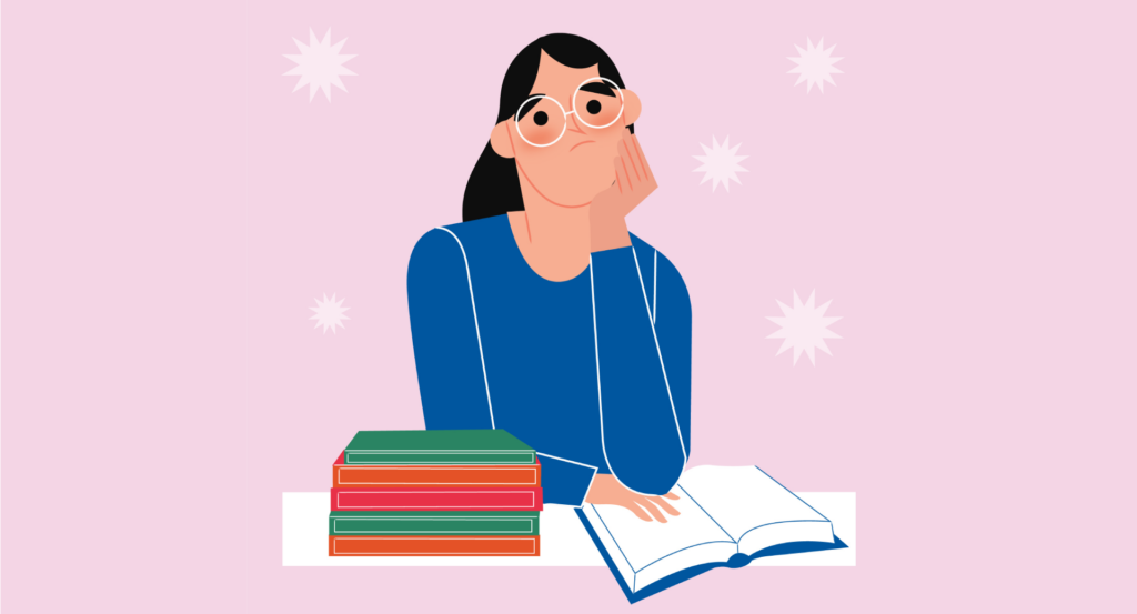 Sad woman rests her head on her hand with books in the bottom while looking sad.