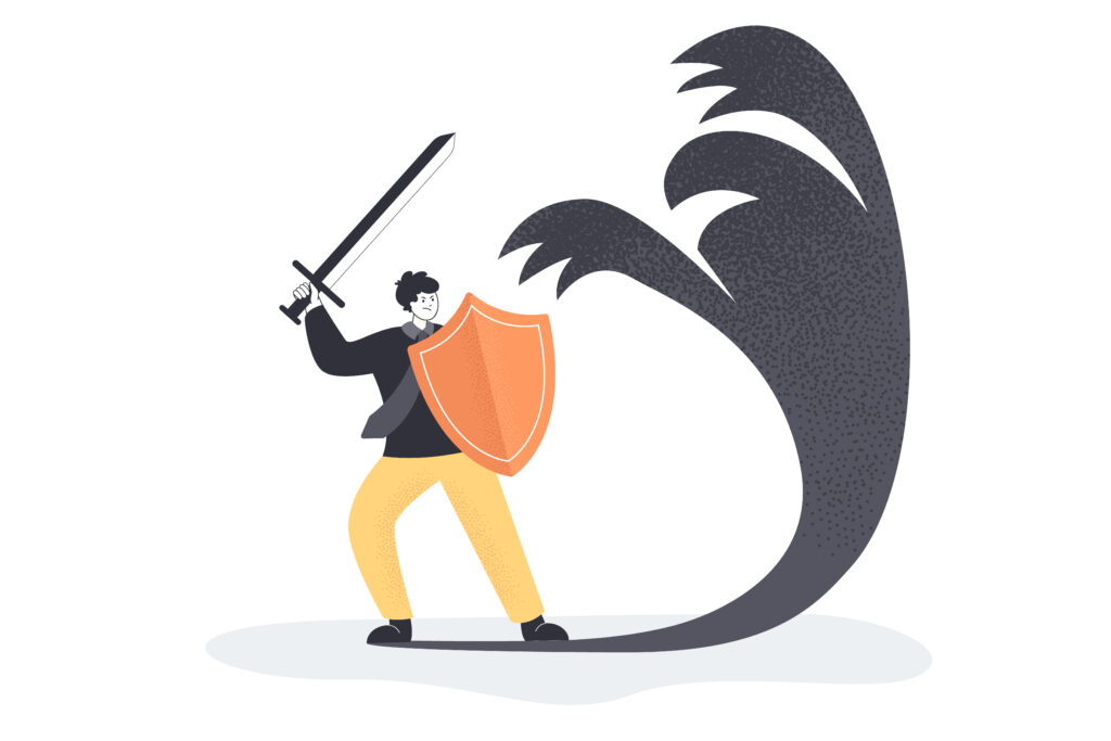 Person fights with sword and shield against a monster that is his own shadow.