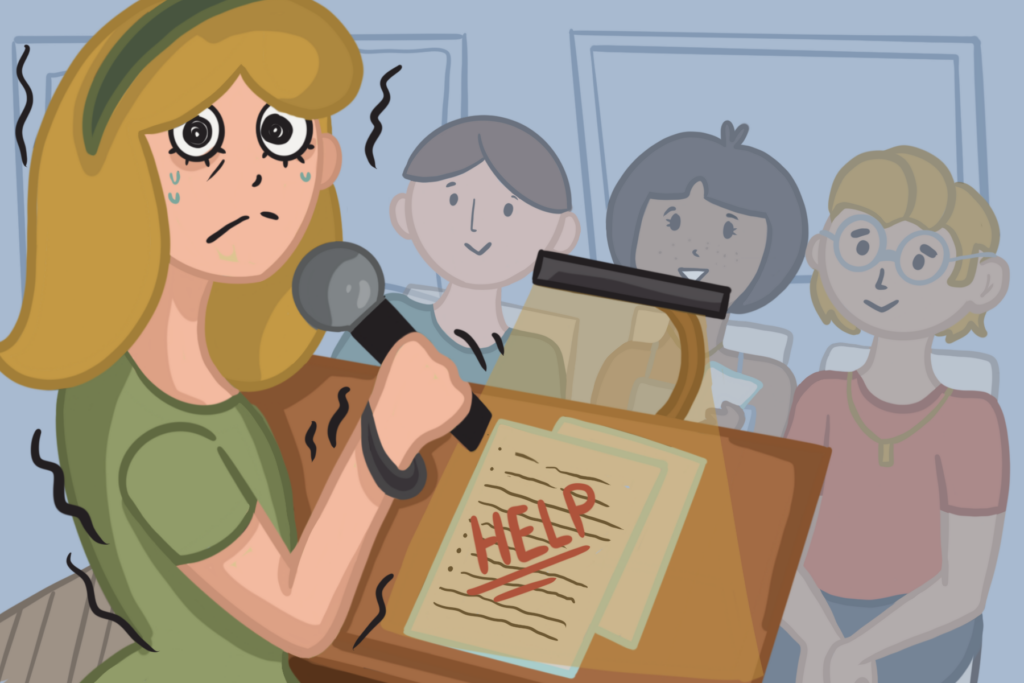 Woman looks nervously to start talking to an audience.