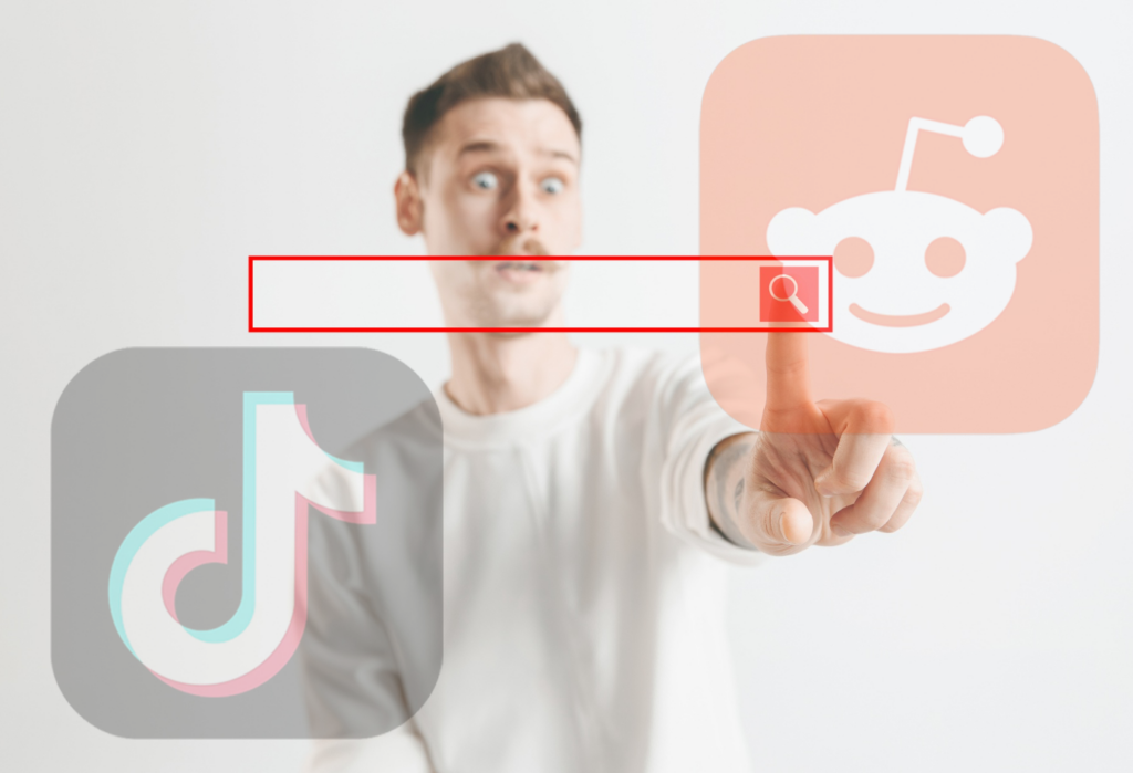 Person uses search engine, transparent icons of popular social sites are references to modern information search tendencies.