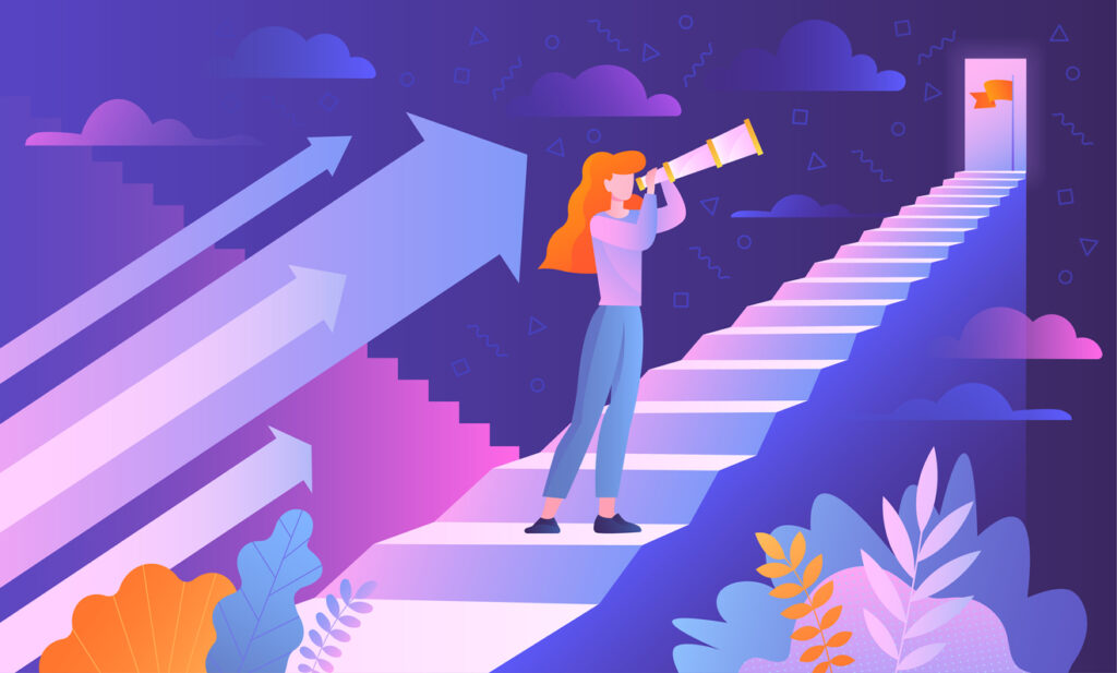 A girl looking through a telescope standing on a ladder, which goes up to a hill, with a door on it.