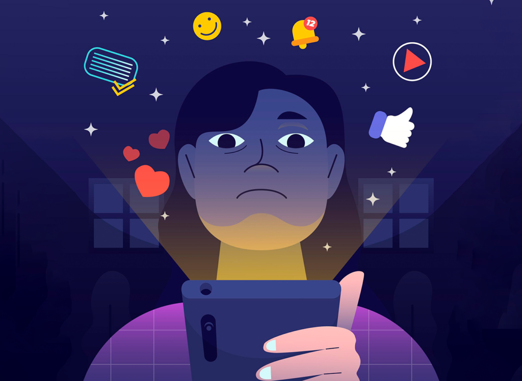 Woman looks at her smartphone screen in the dark while icons appear around her.