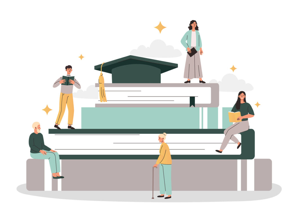Different people from diverse ages are place in giant steps, which are made out of books. The summit has a graduation cap.