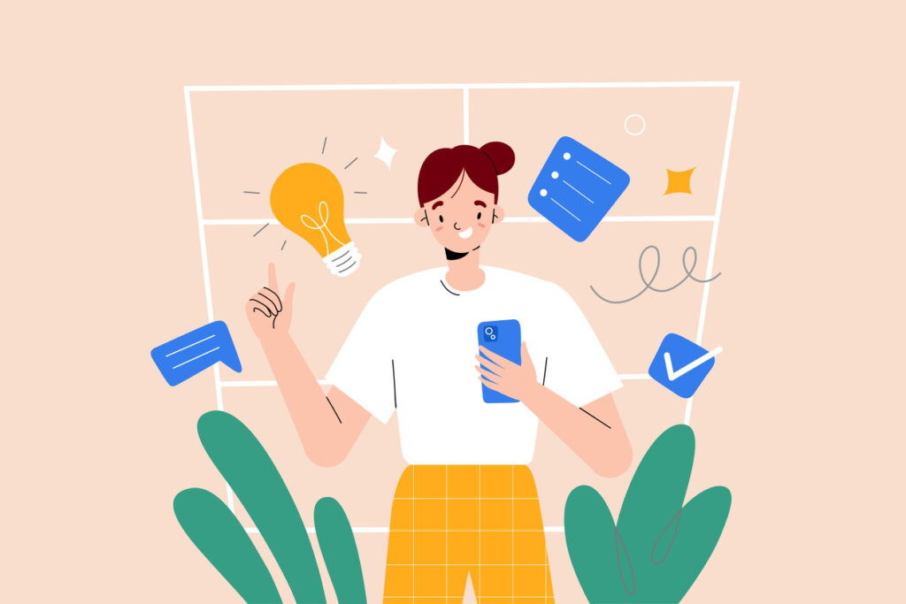 A person holding a phone surrounded by diverse icons