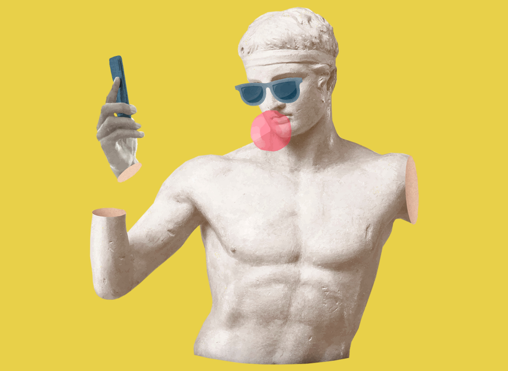 Marble statue wearing sunglasses and chewing on bubblegum takes a selfie.