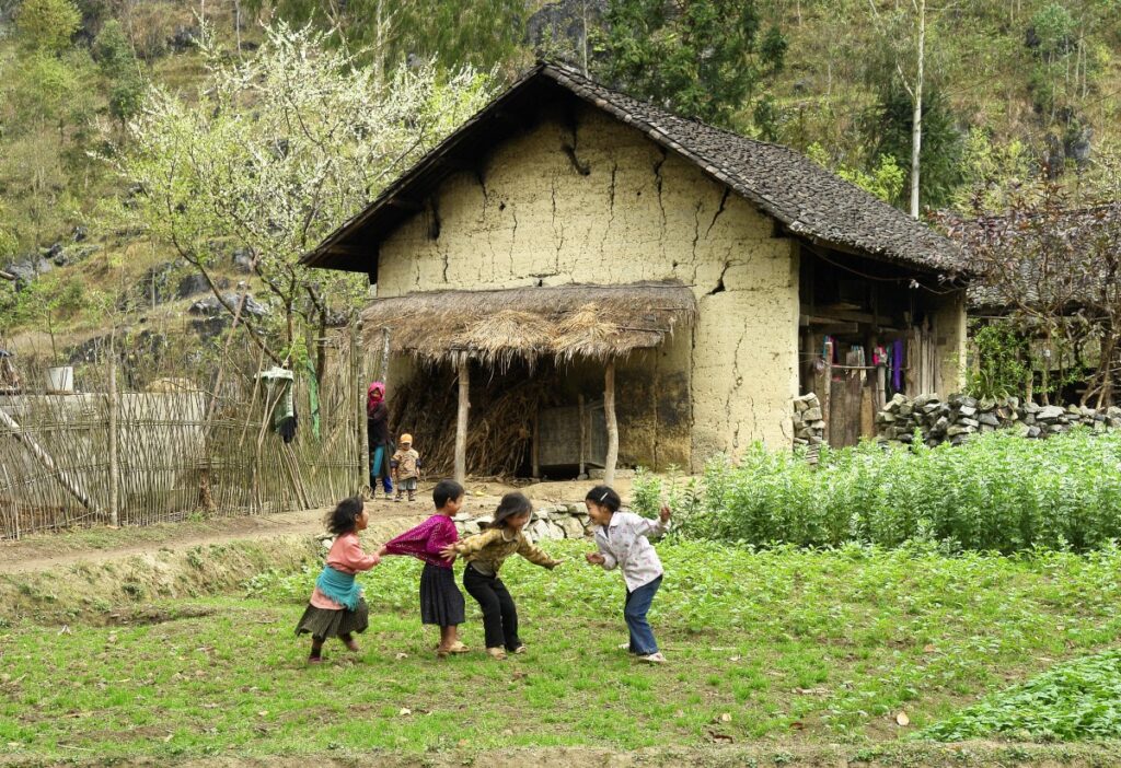 four children playing in a field outside a house