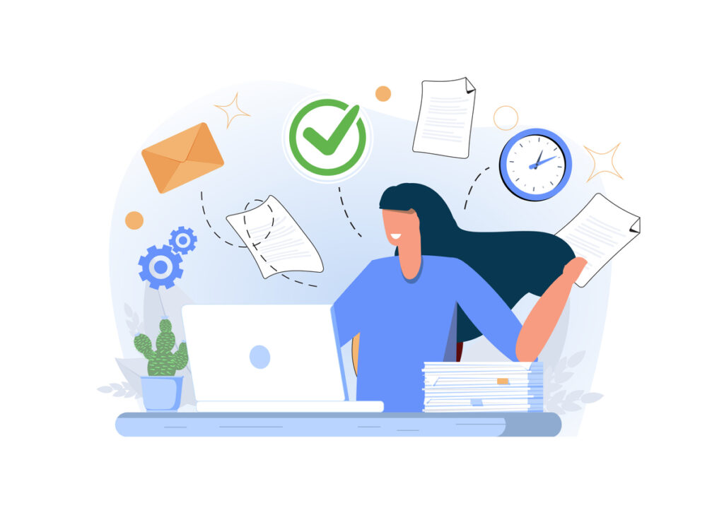 A person working at a desk surrounded by icons that depict productivity