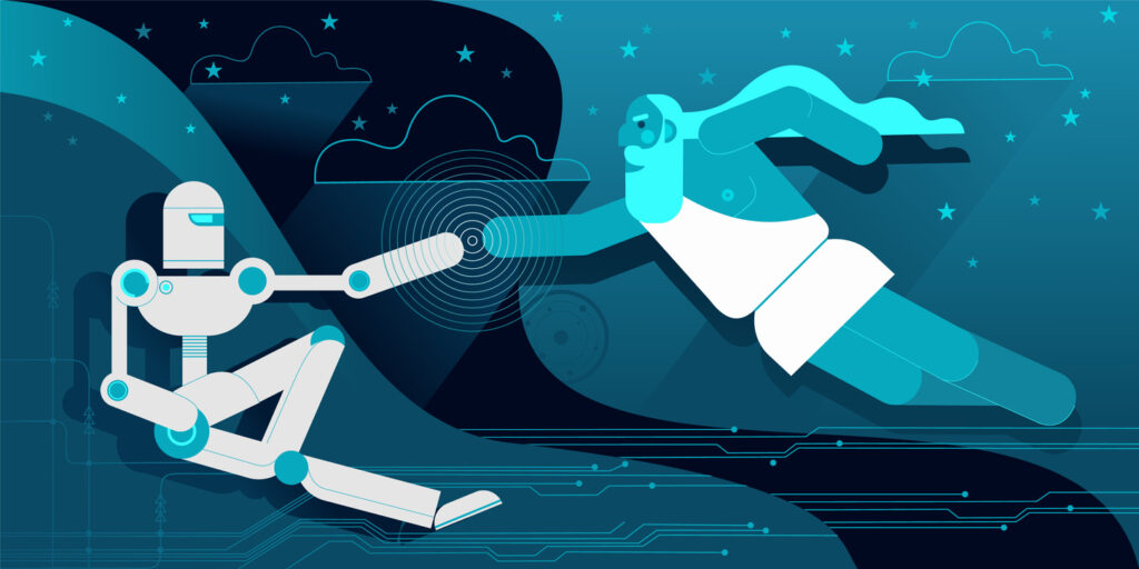 Illustration of the well-known piece "The Creation of Adam" with a robot and a Greek person