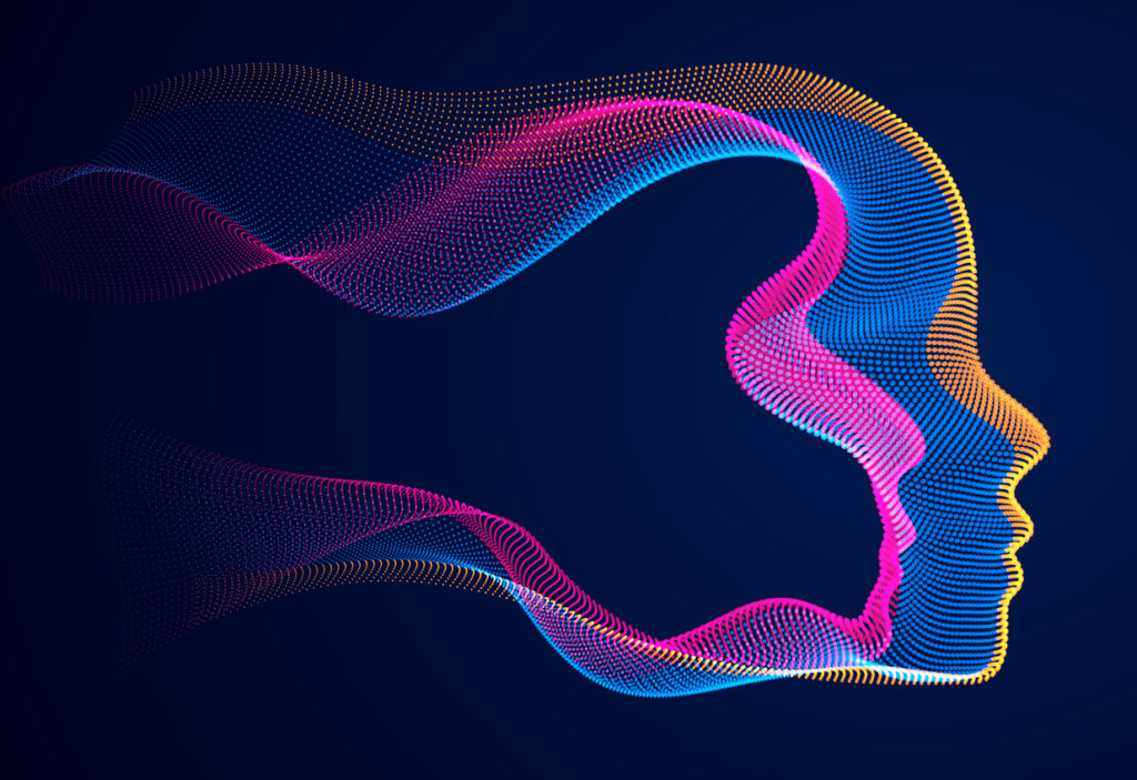 Illustration of a human form, shaped like a head, which is abstract and colorful