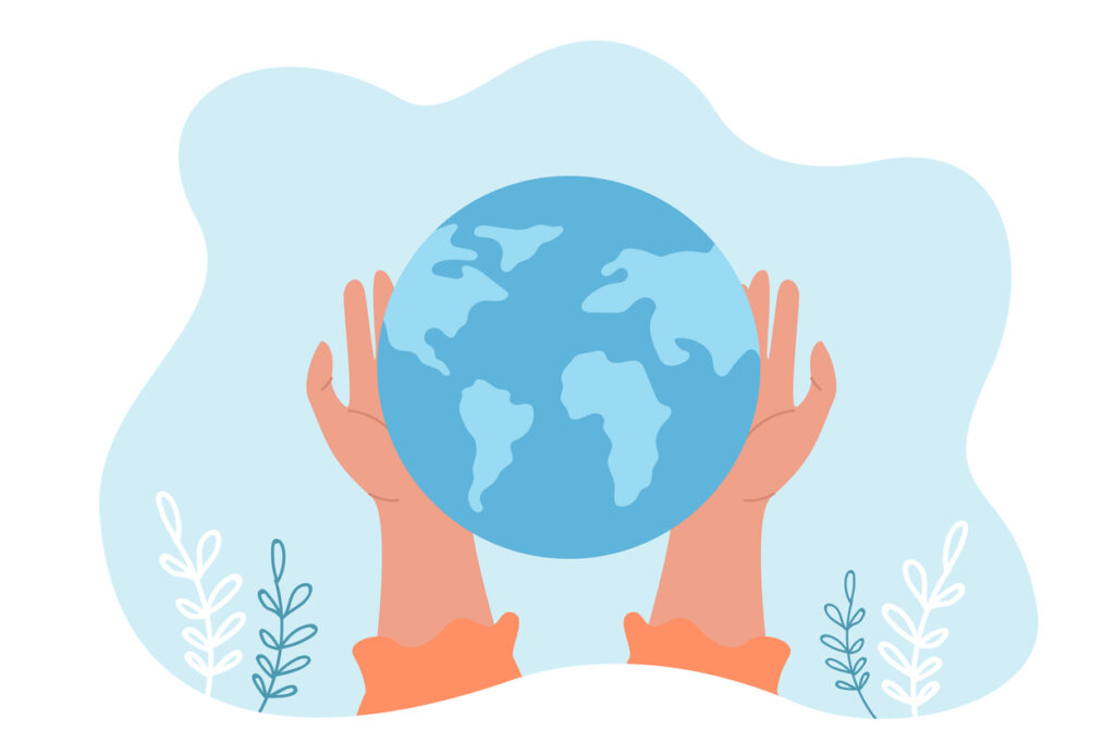 Illustration of a pair of hands holding the planet earth.