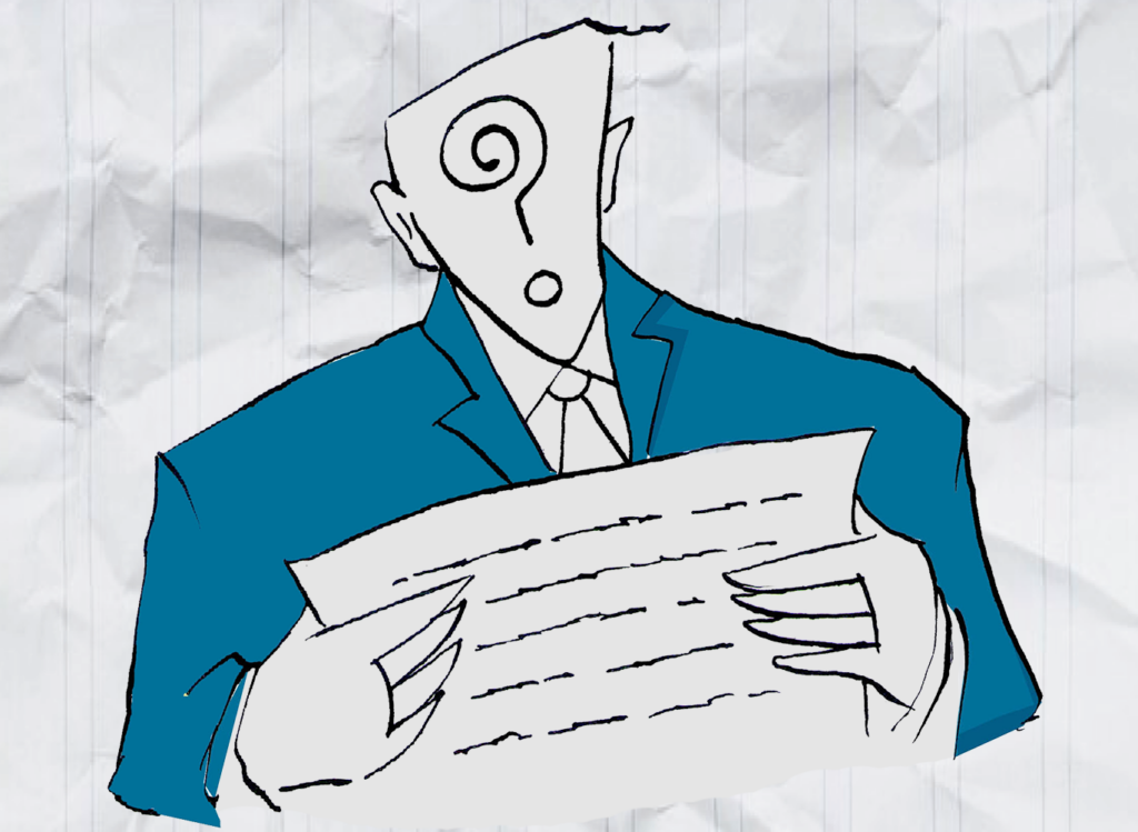 Person with a suit with a question mark for a face holds a piece of paper with both hands.
