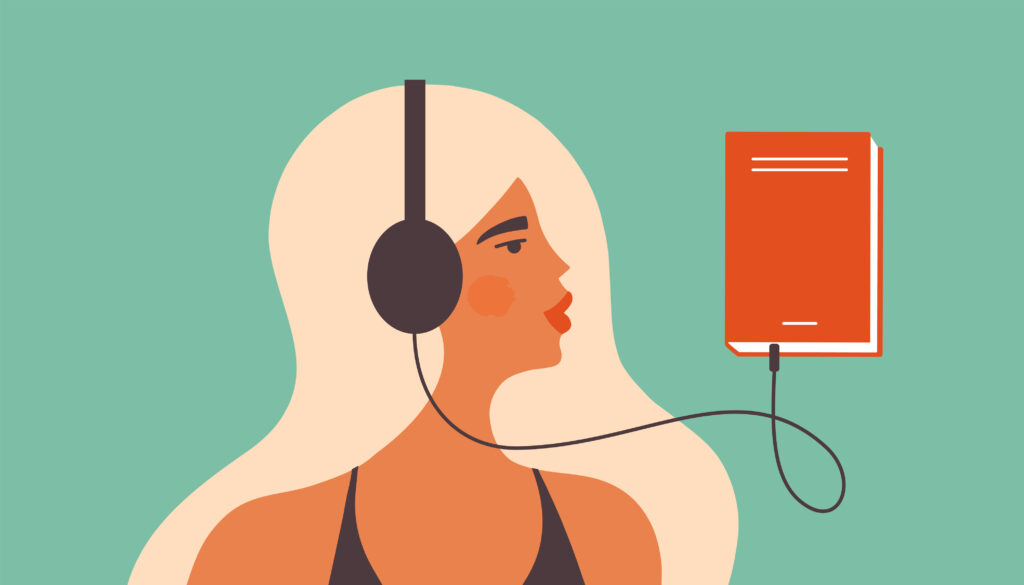Blonde woman with a headset that connects to a book.