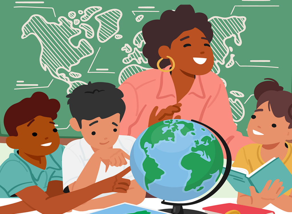 Teacher teaches students with a blackboard behind them and a world globe in front.