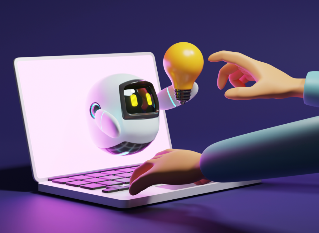 Small robot coming out of a laptop screen gives a lightbulb (idea) to a person.