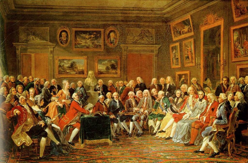 Reading of Voltaire's tragedy: "The Orphan of China", at Madame Geoffrin's salon in 1755, Gabriel Lemonnier (1812).