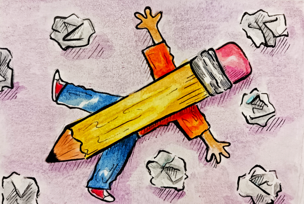Person is being squashed by a giant pencil while crumpled up pieces of paper lay around them.