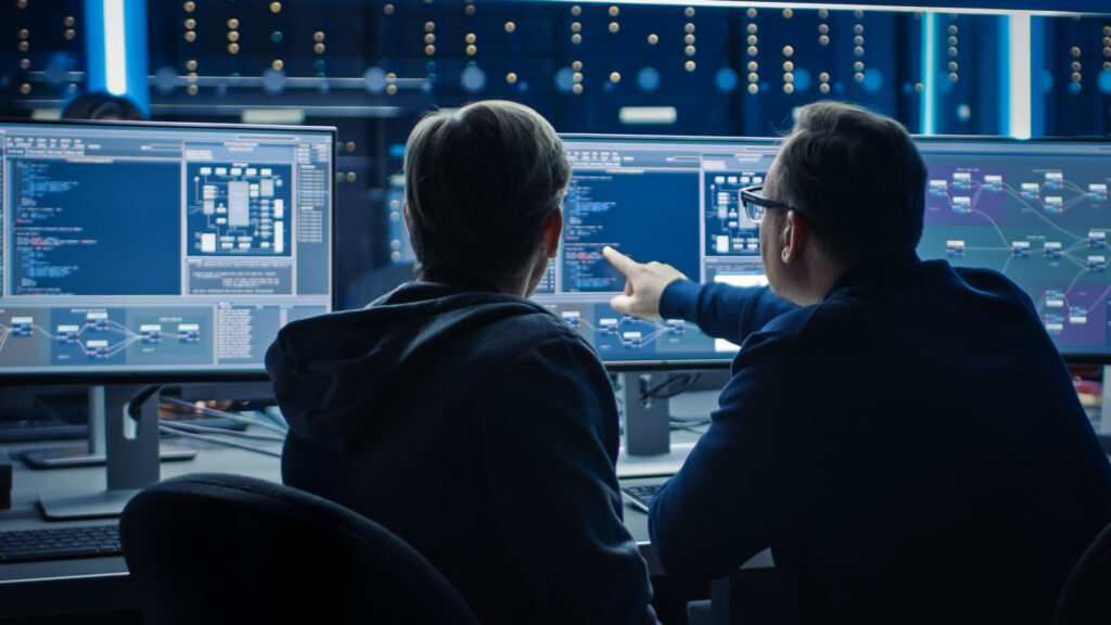 Two professionals discussing on desktop computer display