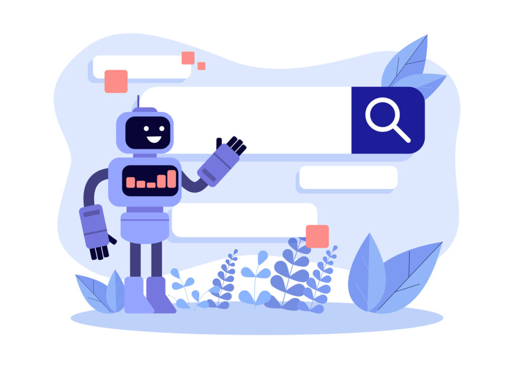 An illustration of a robot with a search engine in the back, surrounded by plants