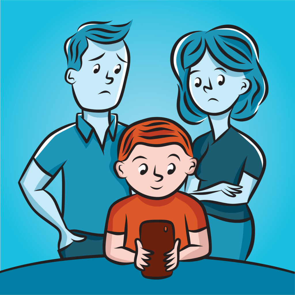 A young child surfs the internet on a smartphone while his worried parents look on.