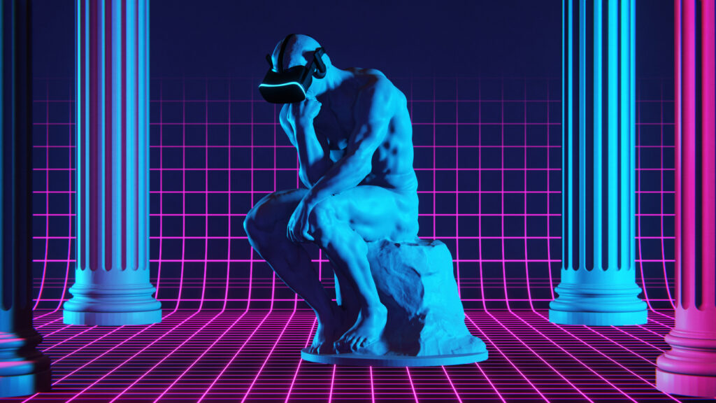 The Thinker statue wearing a virtual headset