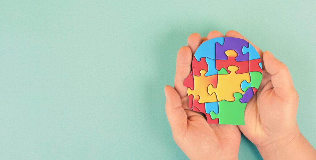 A photograph of a pair of hands holding a head-shaped puzzle.