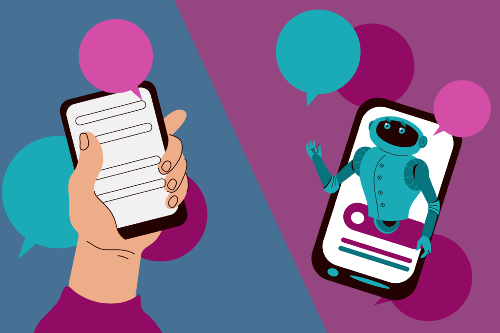 hand with a phone on one side, robot on a phone on the other side of the image.
