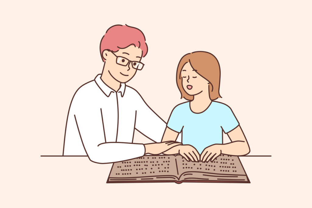 Young man teach blind girl child reading book with fingers. Male teacher or tutor learn kid read with braille system. Disability concept. Vector illustration.