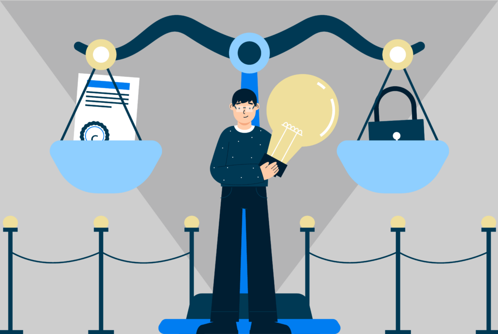 Man with a lightbulb standing in front of a scale that holds a padlock on one side and some documents on the other.
