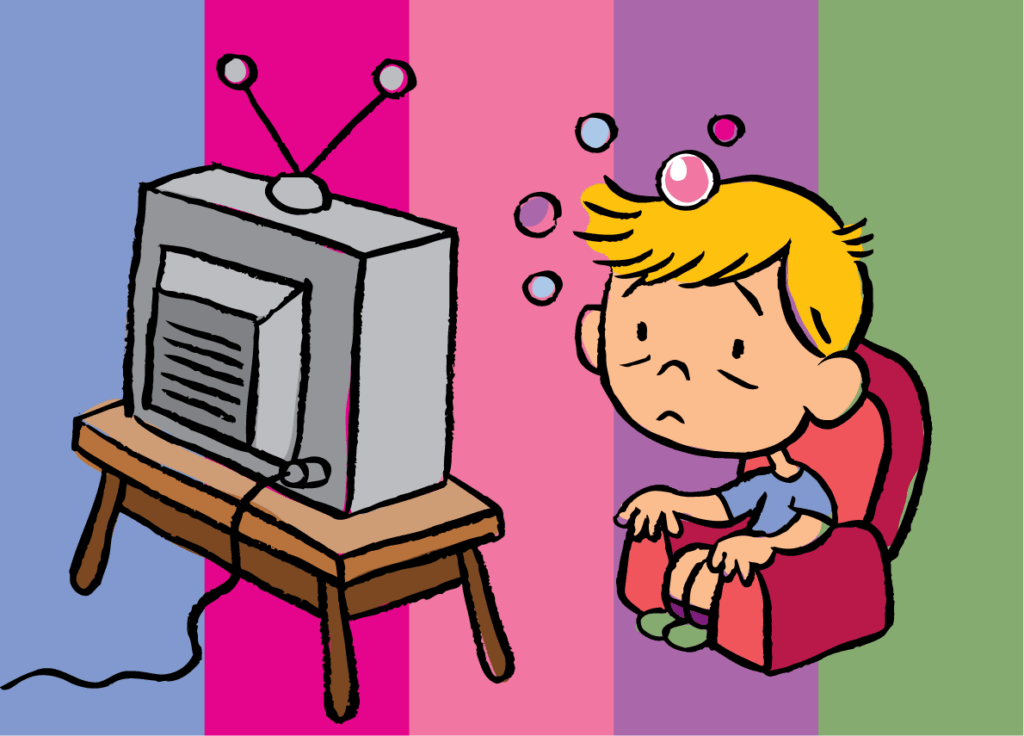 Kid sitting on a couch is dizzy looking at a TV screen.
