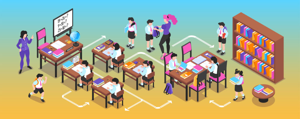 people learning and developing activities in a classroom