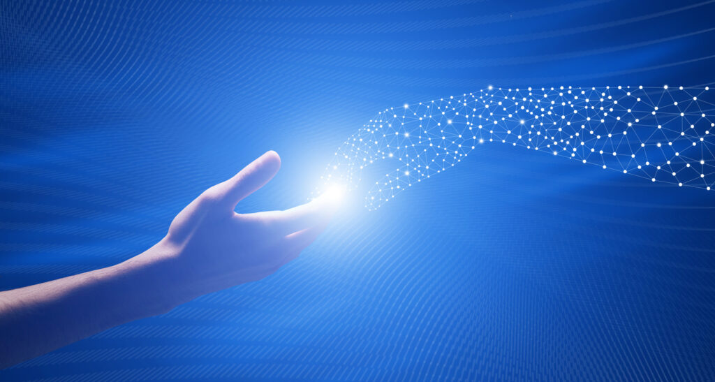 Ilustration of two hands, one human and an AI one, trying to reach each other.
