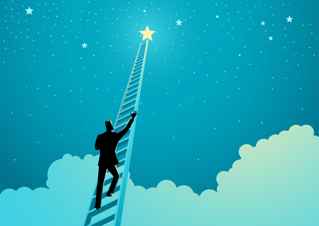 Business concept vector illustration of a businessman climbing a ladder to reach out for the stars