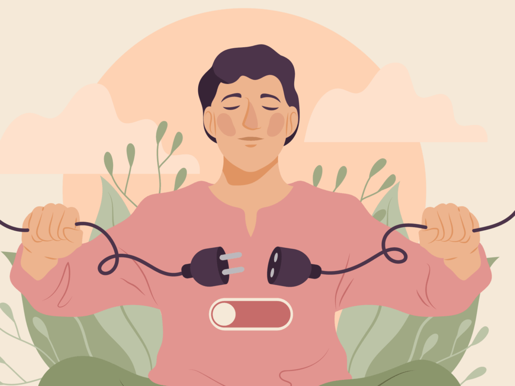 Man with eyes closed unplugging cables.