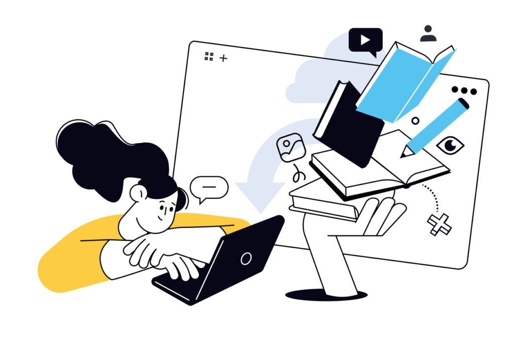 Illustration of a person learning online using a laptop