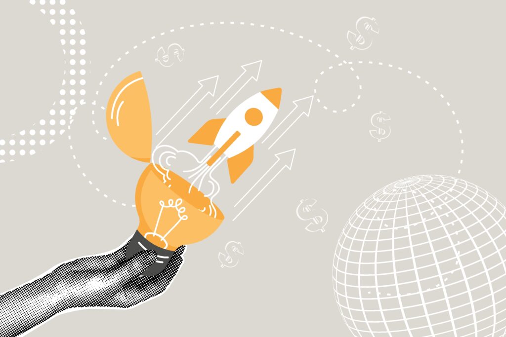 Trendy halftone collage. New idea startup concept, Innovation, business startup, breakthrough idea concept. Illustration for web banner, social media banner. Vector illustration