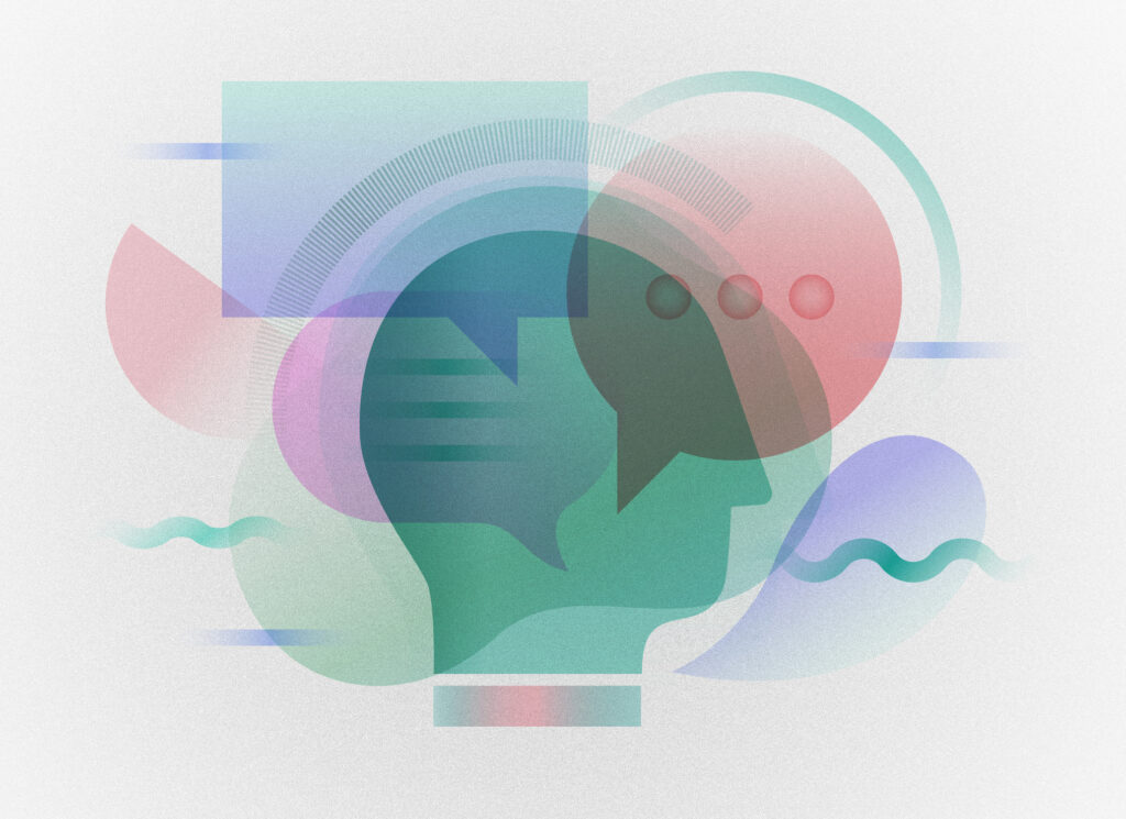 Vectors of a head, dialogue bubbles and scribbles overlap each other in different colors.