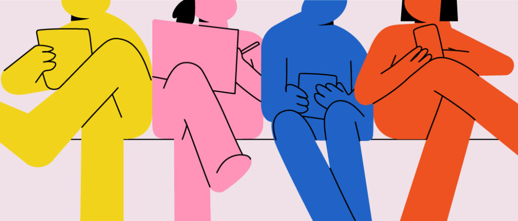 Colorful people sitting with tablets and phones.