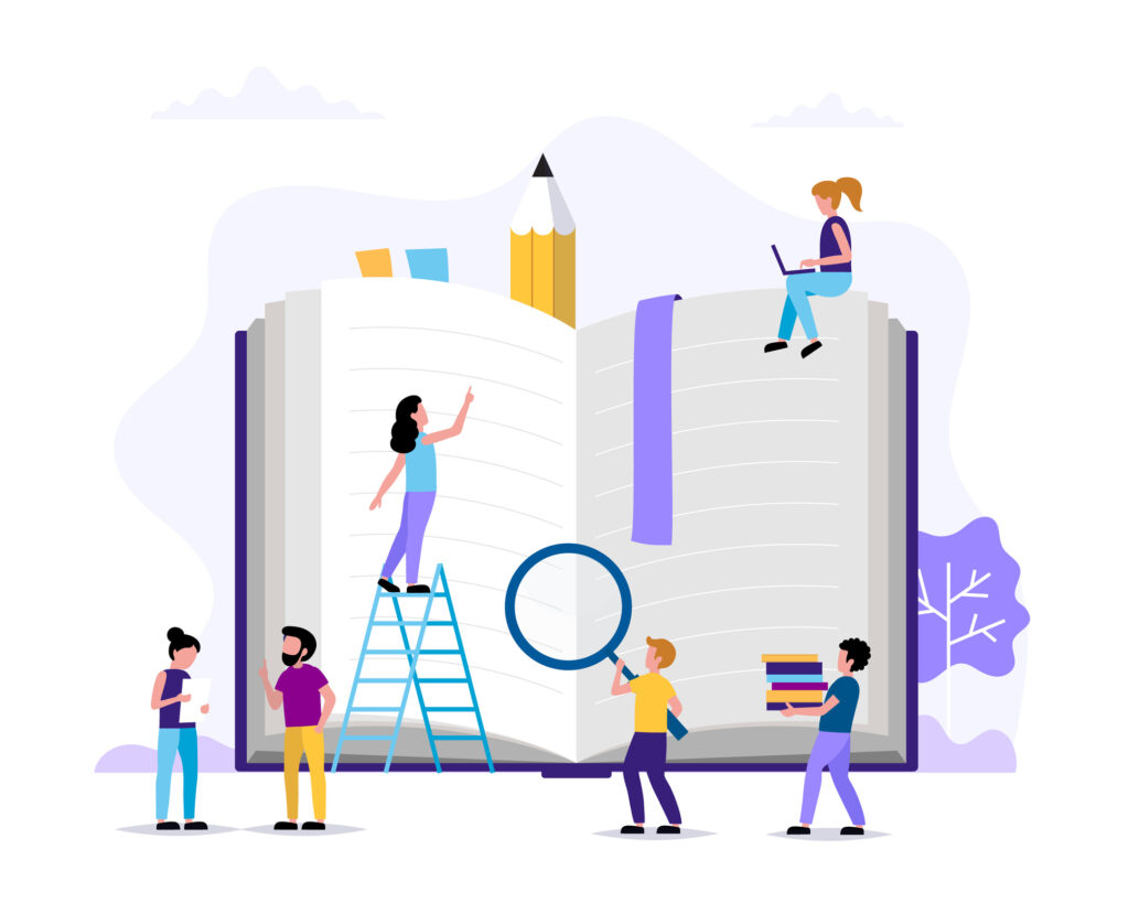 Reading, small people characters doing various tasks around big book. Concept illustration for education, books, university, student, research. Vector illustration in flat style