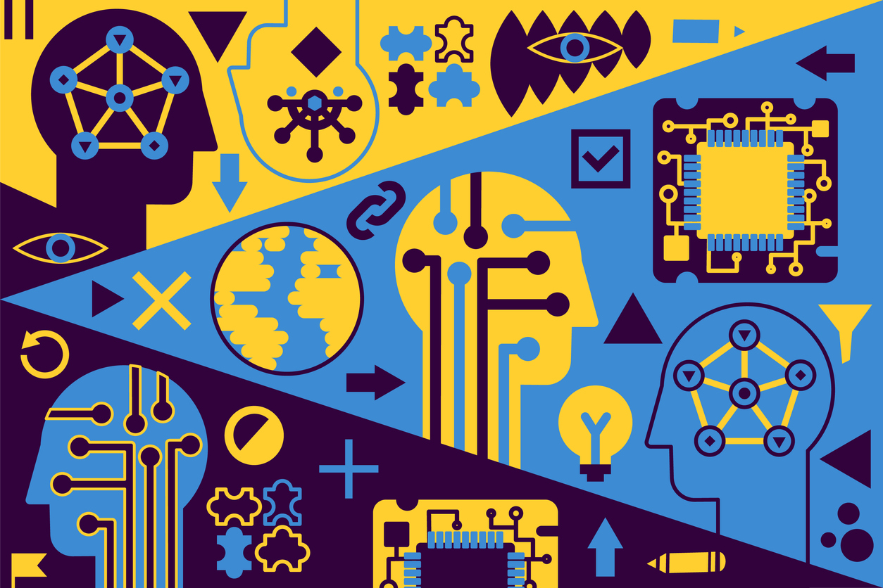 Artificial Intelligence Pop Art poster in gold blue colors with abstract image of robot head with microcircuits and interaction interface. Template for printing, announcement, guests inviting . Vector