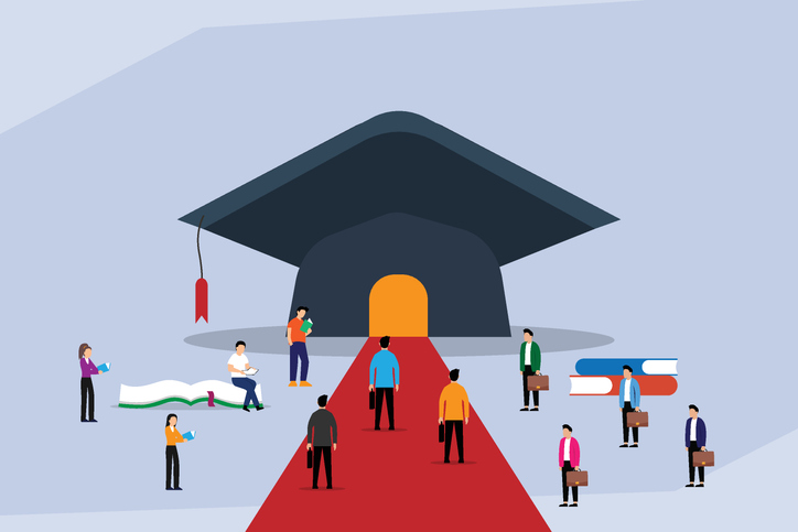 Success with Graduation Cap and Red Carpet 2d flat vector illustration